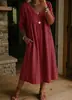 2026 Novo Vestido Casual Solto de Linho e Algodão com Decote V e Detalhe de Renda Costurada - Marca Independente Europeia e Americana Transfronteiriça