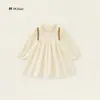 Vestido de Manga Longa para Menina Primavera Outono Babado Gola Alta Bordado Tira Colorida Patchwork Mangas Bufantes Estilo Mori Menina Bebê Suave
