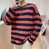 Camiseta de Manga Longa Listrada em Preto e Branco Moletom de Gola Redonda Masculino Camisa Top de Camada Interna Solta Masculina e Feminina Marca Trbottomy Simples