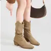 Botines finos de punta para mujer de piel de vaca, botines cortos de otoño/invierno, botas de montar retro de tacón grueso, botas western holgadas arrugadas