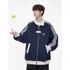 Sudadera con Capucha de Estilo Universitario Retro Transfronteriza con Felpa Adicional para Hombre Primavera Otoño Patchwork Chaqueta Deportiva Sudadera a Rayas con Cuello Alto para Adolescente