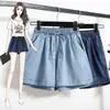 Foto real de shorts retos de seda gelada emagrecedores para mulheres plus size, shorts jeans largos e finos de cintura alta para o verão, feitos de Tencel