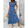Vestido longo de alça V com babados e acinturado, atacado em estoque, novo modelo de verão, estilo europeu e americano transfronteiriço para férias na praia