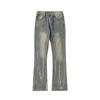 Primavera y Otoño Nuevo Diseño Retro Patrón de Rayo Lavado Desgastado Jeans Unisex Pantalones Lavados Acampanados de Moda