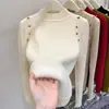 Suéter feminino de gola alta parcial, peça única de fleece quente, novo estilo outono e inverno 2024, alta qualidade, forrado com fleece, blusa base espessada para mulheres