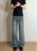Jeans de corte reto com leve boca de sino, desconstruído, com botões, estilo retro americano para homens, design moderno de verão, calças compridas que afinam