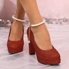 Zapatos Mary Jane de Tacón Grueso Nuevos Primavera 2025 Plataforma Impermeable Alta Perla Hebilla Única Zapatos de Novia Cuadrado de Moda Tacones Altos