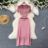 Vestido de malha de seda gelada de alta qualidade, gola polo, manga curta, duas cores, para mulheres, verão 2026, estilo francês OL, justo ao corpo, longo