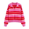 Suéter de Tricô Listrado com Gola Polo Estilo Retro Americano para Mulheres, Pulôver Solto e Casual para Outono e Inverno, Atacado
