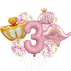Balão de Filme de Alumínio Rosa Fosco com Coroa e Dinossauro - Conjunto para Decoração de Festa de Primeiro Aniversário de Meninas e Crianças