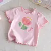 Camiseta de Manga Corta con Volantes Estilo Lindo para Niñas 2026 Verano Estampado Floral Algodón Puro Transpirable Versátil Top Capa Base