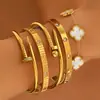 Pulseiras europeias e americanas de aço inoxidável, pulseiras de flor de cinco pétalas de aço titânio, flor de trevo de quatro folhas de madrepérola com flor de cinco pétalas dupla face, joias femininas