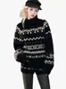 Suéter de Tricô Gola Alta Preto Espesso Estiloso Outono e Inverno Padrão Fair Isle Estilo Coreano Jacquard de Inverno Suéter Quente