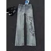 Calça jeans masculina com estampa de letras em padrão de raio azul, calça com vibe slim-fit para outono e inverno, calça reta estilo high street americana