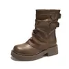 1258-5 Outono/Inverno Novo Botas de Cano Médio Femininas Plataforma Salto Bloco Couro Desgastado Fivela Dupla Retro Tornozelo