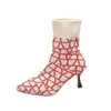 Botas de Moda de Tacón Alto Hasta la Pantorrilla, Talla Grande, Bloques de Color Nuevos, Transfronterizas Europeas y Americanas, Botas Adelgazantes, Estilo Sencillo, Botas Tipo Calcetín Elásticas para Mujer