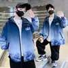 Chaqueta con capucha degradada para niños, estilo nuevo de primavera y otoño, chaqueta moderna con estampado de montaña para niños mayores, cortavientos casual