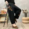 Pantalones Harem de Algodón y Lino para Primavera y Otoño para Mujer 2026 Nuevo Estilo Étnico Bordado Jacquard Pantalones Ajustados Pantalones Cropped Casuales Venta al por Mayor