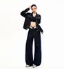 Conjunto de mezclilla para mujer con mangas largas, solapa de encaje, chaqueta de mezclilla de lyocell azul holgada y pantalones de mezclilla azul con etiquetas