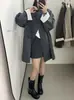 Gabardina de estilo coreano, relajada, con cuello mao, de longitud media, para mujer, principios de otoño, corte holgado para figuras petite, con puños a rayas y diseño casual