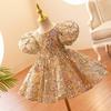 Nuevo Estilo de Vestido para Niña de un Año, Falda Tutú Dorada con Lentejuelas y Mangas Abullonadas para Niños, Vestido de Piano para Niña Pequeña