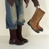 Botas Western de Color Desgastado Retro con Punta Redonda y Tacón Grueso Hebilla de Cinturón Botas de Motocicleta Versátiles de Tacón Medio Hasta la Mitad de la Pantorrilla para Mujer