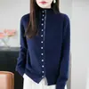 Cárdigan de punto de moda para mujer con bloques de color, cuello alto, múltiples botones, cuello semi-alto, corte holgado y mangas largas, perfecto para otoño e invierno.