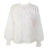 2026 Nueva Blanca Estilo Coreano Holgada Manga Larga Malla Dulce Malla Patchwork Camiseta Base Top Interior Blusa para Mujer