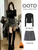 Camiseta interior negra de cuello redondo, nueva colección de otoño para mujer, falda midi elegante de mezcla de lana, conjunto de estilo coreano, conjunto completo