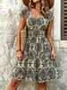 Vestido retro de hojas verdes con estampado cruzado, cuello en V, ceñido a la cintura, con cintura elástica plisada, manga corta, minivestido de vacaciones