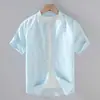 9048 Camisa de Lino de Manga Corta de Verano para Hombre Camisa Casual de Algodón y Lino con Cuello Cuadrado para Hombre Top de Lino de Color Sólido de Media Manga