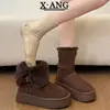 Botas de Neve Sangpo Integradas de Pele de Ovelha para Mulheres, Botas Curtas Quentes de Algodão do Nordeste com Solado Espesso Antiderrapante e Forradas com Lã para o Inverno