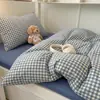 Estilo Blogger Sólido Vintage Simple Rayado Algodón Lavado Juego de Cama de Cuatro Piezas Estudiante Juego de Cama de Tres Piezas con Sábana Ajustable 1.8m