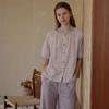 Conjunto de Loungewear de Verão em Gaze de Algodão com Estampa Floral Color-Blocked, Solto e Confortável, Manga Curta e Calça Longa
