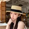Sombrero de Paja Protector Solar para Exteriores Estilo Coreano, Sombrero de Sol Estilo Fresco Retro Británico de Ala Ancha y Copa Plana de Verano, Sombrero de Playa