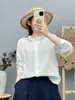 Cuello de encaje artístico bordado floral azul cárdigan casual camisa de gasa de algodón para mujer camisa de algodón versátil de manga larga 7219