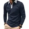 Camisa Polo Casual de Manga Larga para Hombre, Azul Marino con Cuello de Contraste y Tapeta de Botones, Adecuada para el Uso Diario