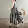 Comercio Exterior Transfronterizo Vestido Chaleco de Lino Estilo Japonés Empalme Degradado Cuadros para Mujer Vestido de Algodón y Lino Artístico Holgado sin Mangas