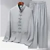 Novo Traje Tang Estilo Chinês para Homens, Meia-Idade e Idosos, Roupa de Pai, Conjunto de Duas Peças de Seda Gelada de Manga Longa para Primavera e Verão, Hanfu Fino