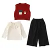Conjunto de tres piezas de chaleco de punto con diseño juguetón de setas y temática de bosque para bebés niñas, nuevo top con cuello de encaje y pantalones largos de lunares para primavera y otoño