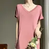 Vestido de punto para mujer, color liso, cuello en V delantero y trasero, estilo casual suelto para el trabajo, seda helada, con cuentas, delgado, por encima de la rodilla