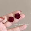 Pendientes de botón vintage con forma de rosa flockeados, color rojo vino de alta calidad, pendientes de botón con aguja de plata 925, clip para orejas de espiral para mosquitos