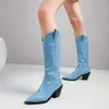 Botas Martin quadradas de salto grosso de cor sólida para outono e inverno para mulheres, botas femininas de tubo alto com bico fino para exportação, salto ultralongo, botas de couro leves sem cadarço de tamanho grande