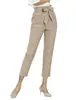 Decoración de Cinturón Transfronteriza al por Mayor Pantalones Cropped Casuales para Mujer Cintura Elástica Diseño de Bolsillos Pantalones Cropped Adelgazantes