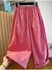 Roupas femininas plus size 150kg Verão versátil de caimento solto calça cropped de perna larga em rosa com design estiloso e cintura elástica