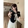 Cuello de Mañana [Calidad Original] Hombro Caído Diseñado Manga Corta Estilo Dulce Camiseta de Manga Corta con Corbata de Lazo para Mujer