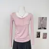 Camiseta Base de Punto Manga Larga Doble Capa Dobladillo Enrollado Cuello Henley Hombro Recto Estilo Retro Ajustada
