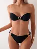 Bikini Sexy de Nuevo Estilo para Mujer Europeo y Americano, Conjunto de Traje de Baño de Dos Piezas para Mujer Estilo Vacacional Color Sólido con Decoración Metálica