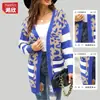 Comercio Exterior Transfronterizo Nuevo Estilo Europeo y Americano Suéter Abrigo de Punto para Mujer de Longitud Media Estampado de Leopardo Rayado Serie Otoño e Invierno Cárdigan de Punto para Mujer