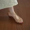Versión de Cuero Suave ~ Sandalias de Tacón Grueso con Recortes Trenzados de Estilo Francés y Punta Abierta de una Línea Estilo Vacacional de Hada Zapatos Romanos para Mujer